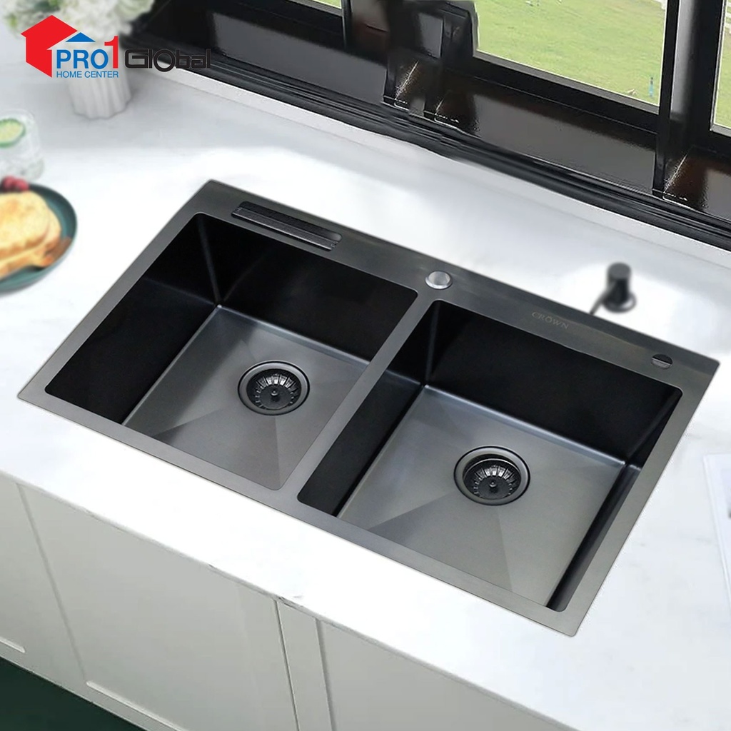[2000000521244] CROWN Double Bowl with Basket Handmade Steel Sink H-8050TD(800X500X230)mm Black