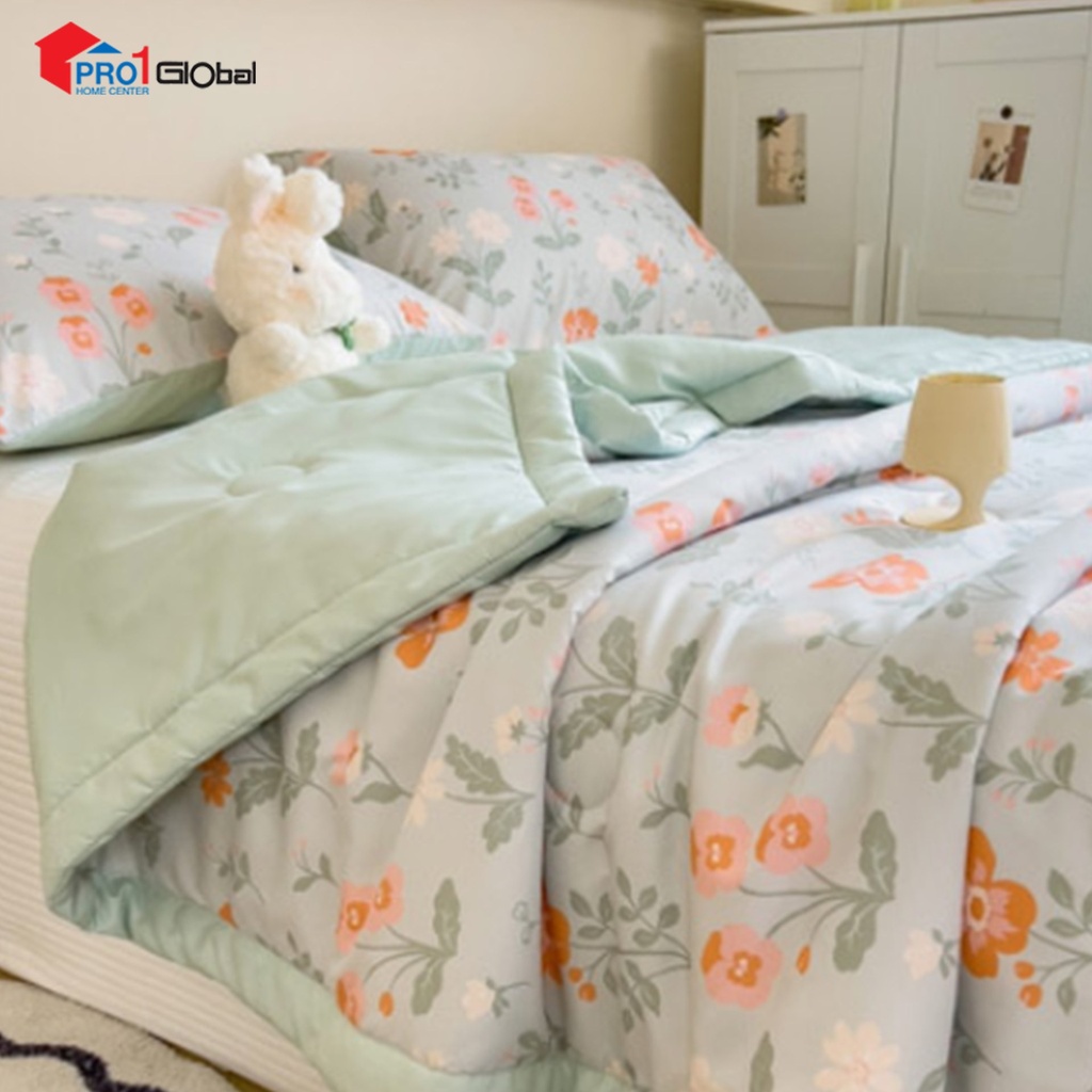 [2000000608679] Homely Fabric Washed Cotton Double Blanket BZ506-4 (1.15 ) kg (200x230)cm- Green Flower