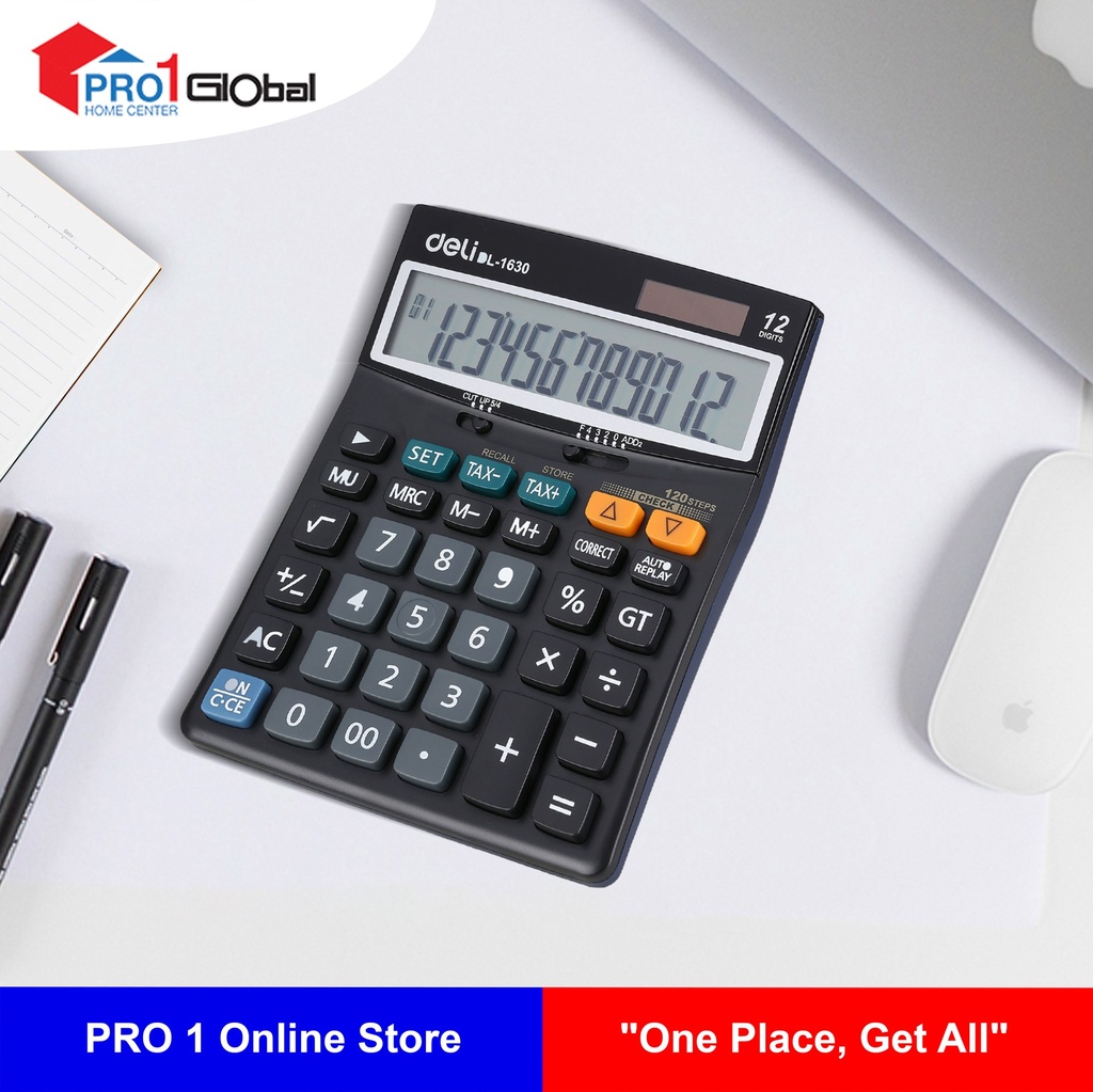 Deli Metal Calculator E-1630 (12 Digits 120 Steps Check / Tax) (Black)