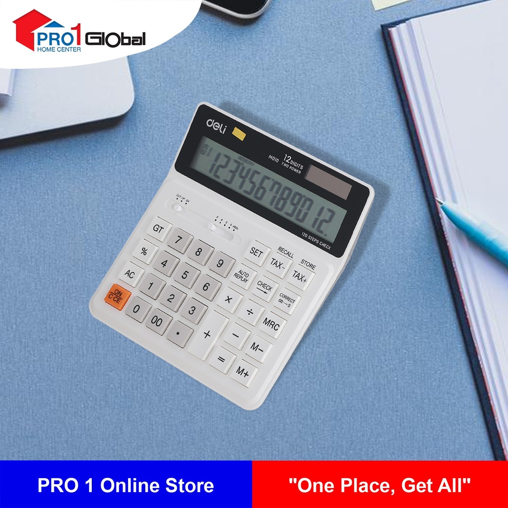 Deli Calculator EM-01010 (12 Digits 120 Steps Check / Tax) (White)